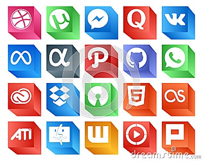 20 Social Media Icon Pack Including html. dropbox. app net. adobe. creative cloud Vector Illustration