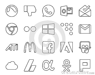 20 Social Media Icon Pack Including icloud. adobe. coderwall. facebook. ati Vector Illustration