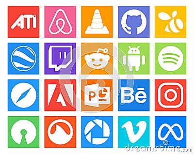 20 Social Media Icon Pack Including instagram. powerpoint. twitch. adobe. safari Vector Illustration