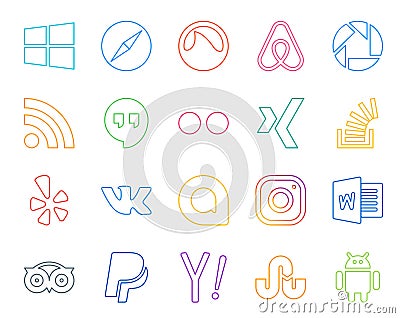 20 Social Media Icon Pack Including instagram. vk. flickr. yelp. stock Vector Illustration