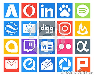 20 Social Media Icon Pack Including mail. gmail. instagram. app net. word Vector Illustration