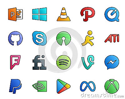 20 Social Media Icon Pack Including messenger. spotify. skype. fiverr. ati Vector Illustration