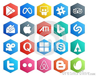 20 Social Media Icon Pack Including microsoft. quora. travel. viddler. bing Vector Illustration