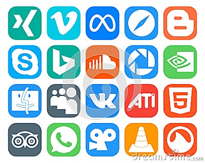 20 Social Media Icon Pack Including myspace. nvidia. skype. picasa. sound Vector Illustration