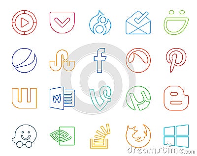 20 Social Media Icon Pack Including nvidia. blogger. facebook. utorrent. word Vector Illustration