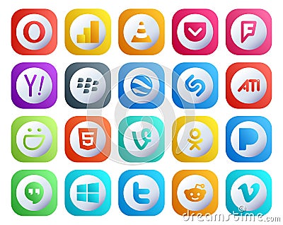 20 Social Media Icon Pack Including pandora. vine. search. html. ati Vector Illustration