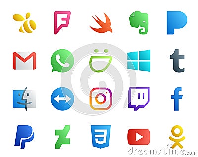 20 Social Media Icon Pack Including paypal. twitch. whatsapp. instagram. finder Vector Illustration