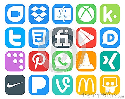 20 Social Media Icon Pack Including player. vlc. fiverr. whatsapp. coderwall Vector Illustration