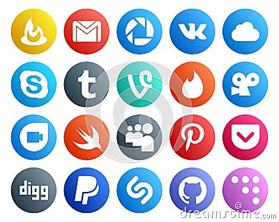 20 Social Media Icon Pack Including pocket. myspace. chat. swift. viddler Vector Illustration