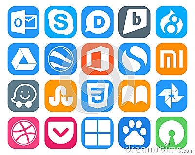 20 Social Media Icon Pack Including pocket. photo. office. ibooks. stumbleupon Vector Illustration