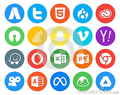 20 Social Media Icon Pack Including search. video. open source. vimeo. overflow Vector Illustration