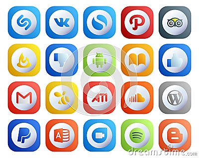 20 Social Media Icon Pack Including sound. ati. android. swarm. email Vector Illustration