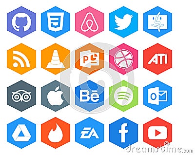 20 Social Media Icon Pack Including spotify. apple. media. travel. ati Vector Illustration