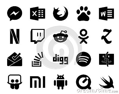 20 Social Media Icon Pack Including spotify. overflow. reddit. stock. stockoverflow Vector Illustration