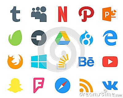 20 Social Media Icon Pack Including stock. stockoverflow. driver. windows. firefox Vector Illustration