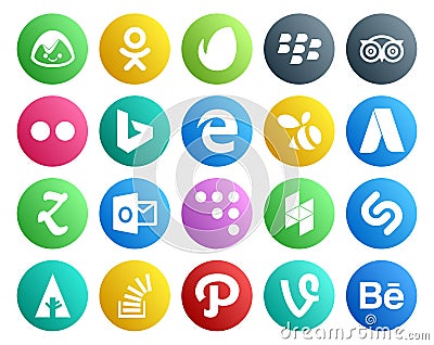 20 Social Media Icon Pack Including stockoverflow. shazam. edge. houzz. outlook Vector Illustration