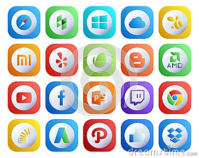 20 Social Media Icon Pack Including stockoverflow. twitch. envato. powerpoint. video Vector Illustration