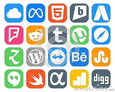 20 Social Media Icon Pack Including stumbleupon. teamviewer. tumblr. cms. zootool Vector Illustration