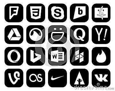 20 Social Media Icon Pack Including tinder. word. smugmug. bing. search Vector Illustration