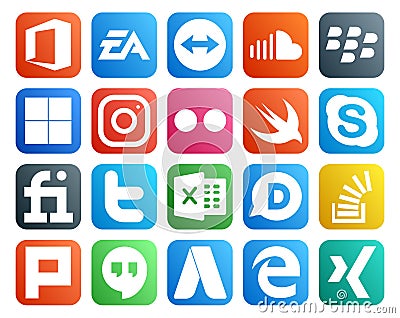 20 Social Media Icon Pack Including tweet. fiverr. blackberry. chat. swift Vector Illustration