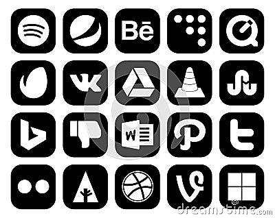 20 Social Media Icon Pack Including tweet. path. vlc. word. bing Vector Illustration