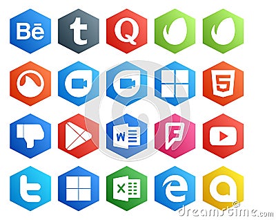 20 Social Media Icon Pack Including tweet. video. html. youtube. word Vector Illustration