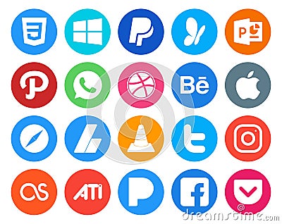 20 Social Media Icon Pack Including twitter. media. behance. vlc. adsense Vector Illustration