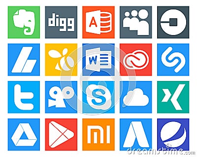 20 Social Media Icon Pack Including viddler. twitter. ads. shazam. cc Vector Illustration