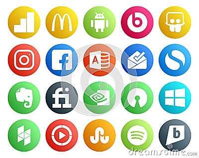 20 Social Media Icon Pack Including video. houzz. inbox. windows. nvidia Vector Illustration
