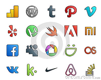 20 Social Media Icon Pack Including vk. smugmug. utorrent. picasa. facebook Vector Illustration