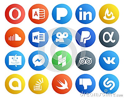 20 Social Media Icon Pack Including vk. tripadvisor. word. houzz. finder Vector Illustration
