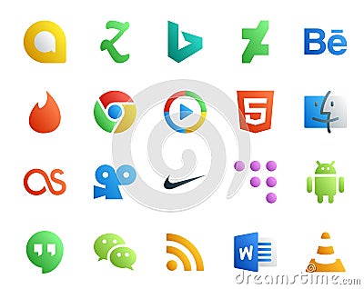 20 Social Media Icon Pack Including wechat. android. video. coderwall. viddler Vector Illustration