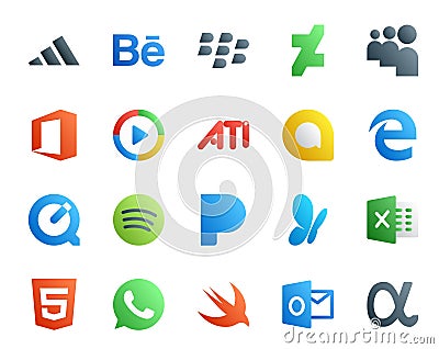20 Social Media Icon Pack Including whatsapp. excel. ati. msn. spotify Vector Illustration