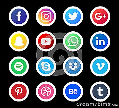 Social Media icon Set. Beautiful color circle icon design for website, template, banner, in black background. Editorial Stock Photo