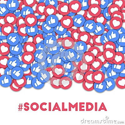 Social media icons in abstract shape background with scattered thumbs up and hearts. Cartoon Illustration