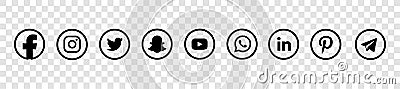 Social media icons. Black colored icon set illustration. facebook twitter instagram, youtube, twitter, snapchat, pinterest, whatsa Cartoon Illustration