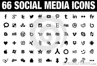 66 Social Media Icons black Vector Illustration