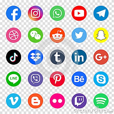 Social media icons. Facebook, Instagram, Twitter, Youtube, Pinterest, Behance, Vimeo, Google, Skype, Viber, TikTok, Whatsapp, Vector Illustration