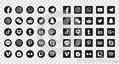 Social media icons. Facebook, Instagram, Twitter, Youtube, Pinterest, Behance, Vimeo, Google, Skype, Viber, TikTok, Whatsapp, Vector Illustration