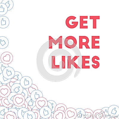 Social media icons. Get more likes concept. Falling scattered thumbs up hearts. Excellent abstract l Vector Illustration