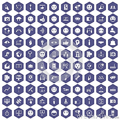 100 social media icons hexagon purple Vector Illustration