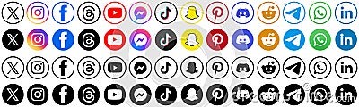 Social media icons, new set popular social media logo, latest upgrade. Twitter x, facebook, instagram, threads, youtube, pinterest Vector Illustration