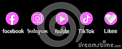 Social media icons in pink color: YouTube, Instagram, Facebook, TikTok, Likee - follow and subscribe Vector Illustration