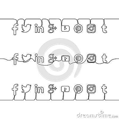 Social media icons set in continuous line drawing technique Vector Illustration