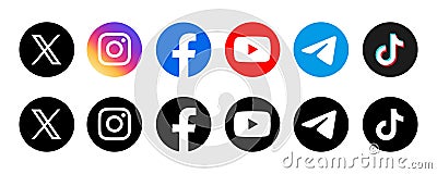 Social media icons set. Facebook, instagram, twitter x, youtube, telegram, tiktok. Editorial Vector Illustration