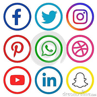 Colorful social media icons set of facebook twitter instagram pinterest whatsapp dribble you-tube dribbble linked in and snap-chat Vector Illustration