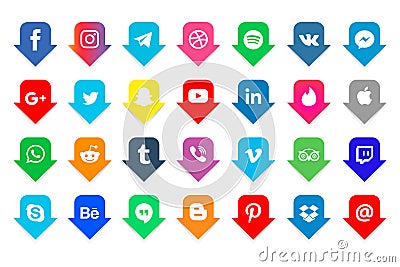 Social media icons set. Facebook, twitter, instagram, youtube, snapchat, pinterest, whatsap, vk, viber, Google, skype. Collection Editorial Stock Photo