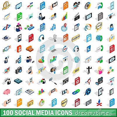100 social media icons set, isometric 3d style Vector Illustration
