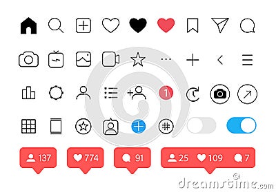 Social media icons set. Like, follower, comment, home, camera, user, search. Vector illustration on white background. Vector Illustration