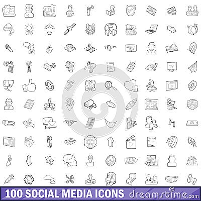 100 social media icons set, outline style Vector Illustration